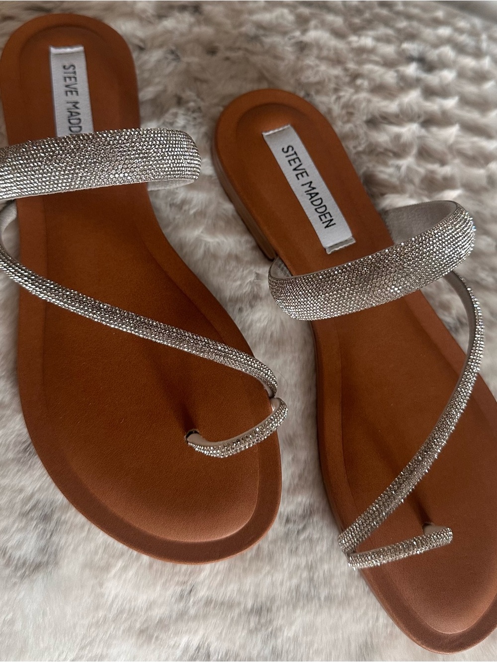 NWOT - Steve Madden Silver Rhinestone Strappy Slide Sandals